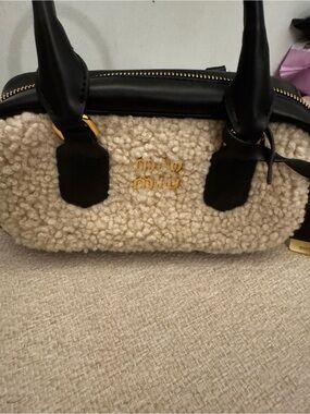 Miu Cream Shearling Satchel with Black Leather Trim and Gold Hardware